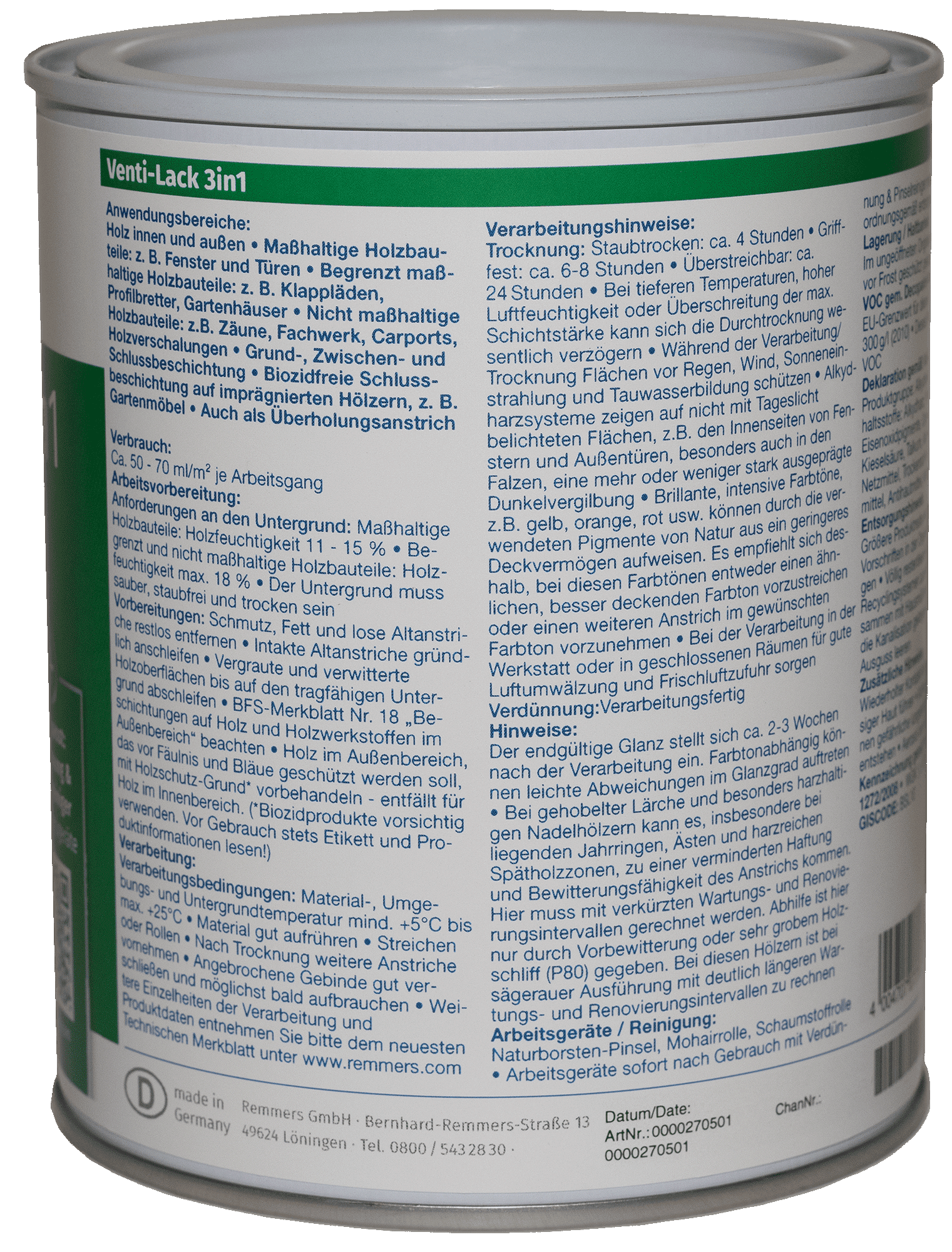 750ml Remmers Venti-Decklack 3in1 weiß RAL9016