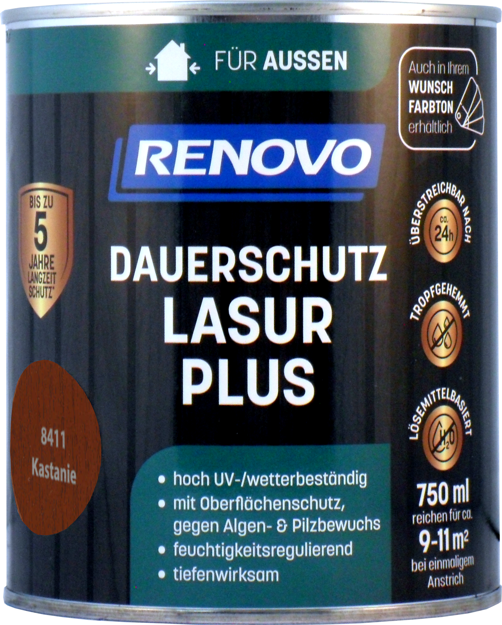 750ml Renovo Dauerschutzlasur PLUS Nr.8411 Kastanie