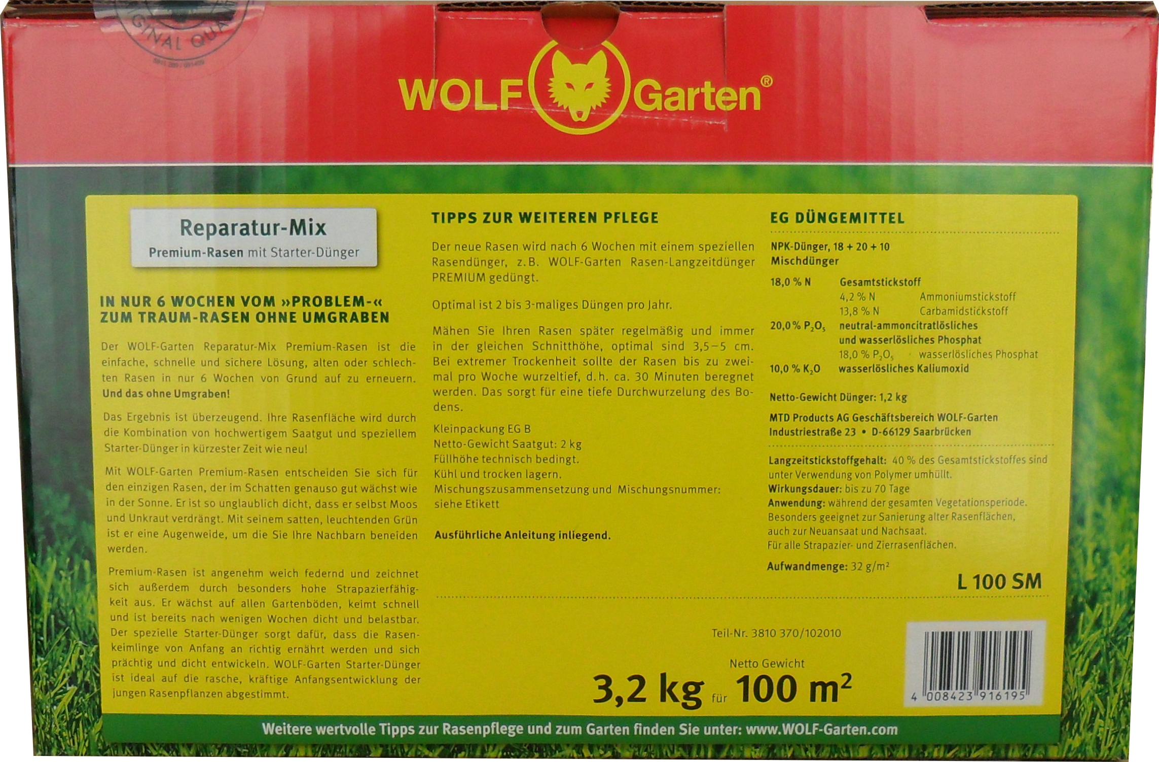 3,2kg L 100 SM MIX PREMIUM-RASEN mit STARTER-DÜNGER 100m²