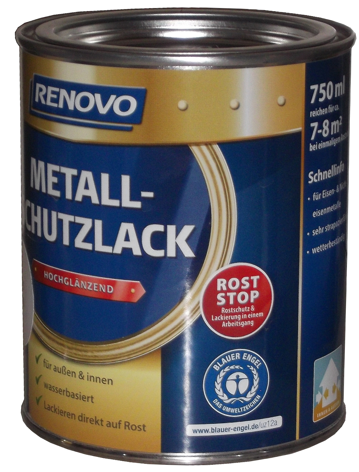 750ml Renovo Metallschutzlack hochglänzend Enzianblau 5010