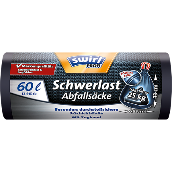 Swirl Profi-Schwerlast-Abfallsäcke 60Liter mit Zugband, (12/Rolle)